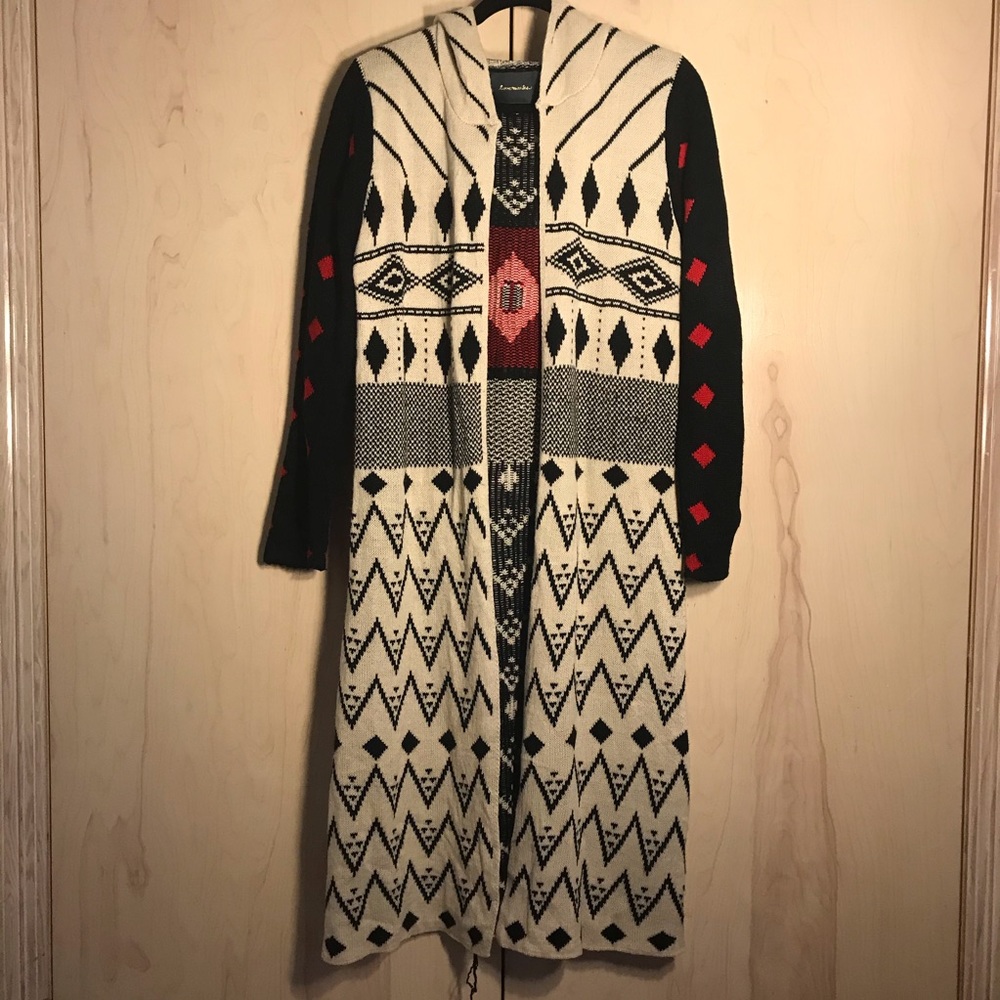 Comfy Cozy Long Hooded Cardigan w/ Geo Print Fall